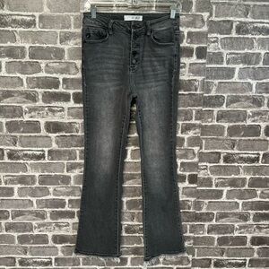 Kancan gray flare jeans raw frayed hem exposed button fly